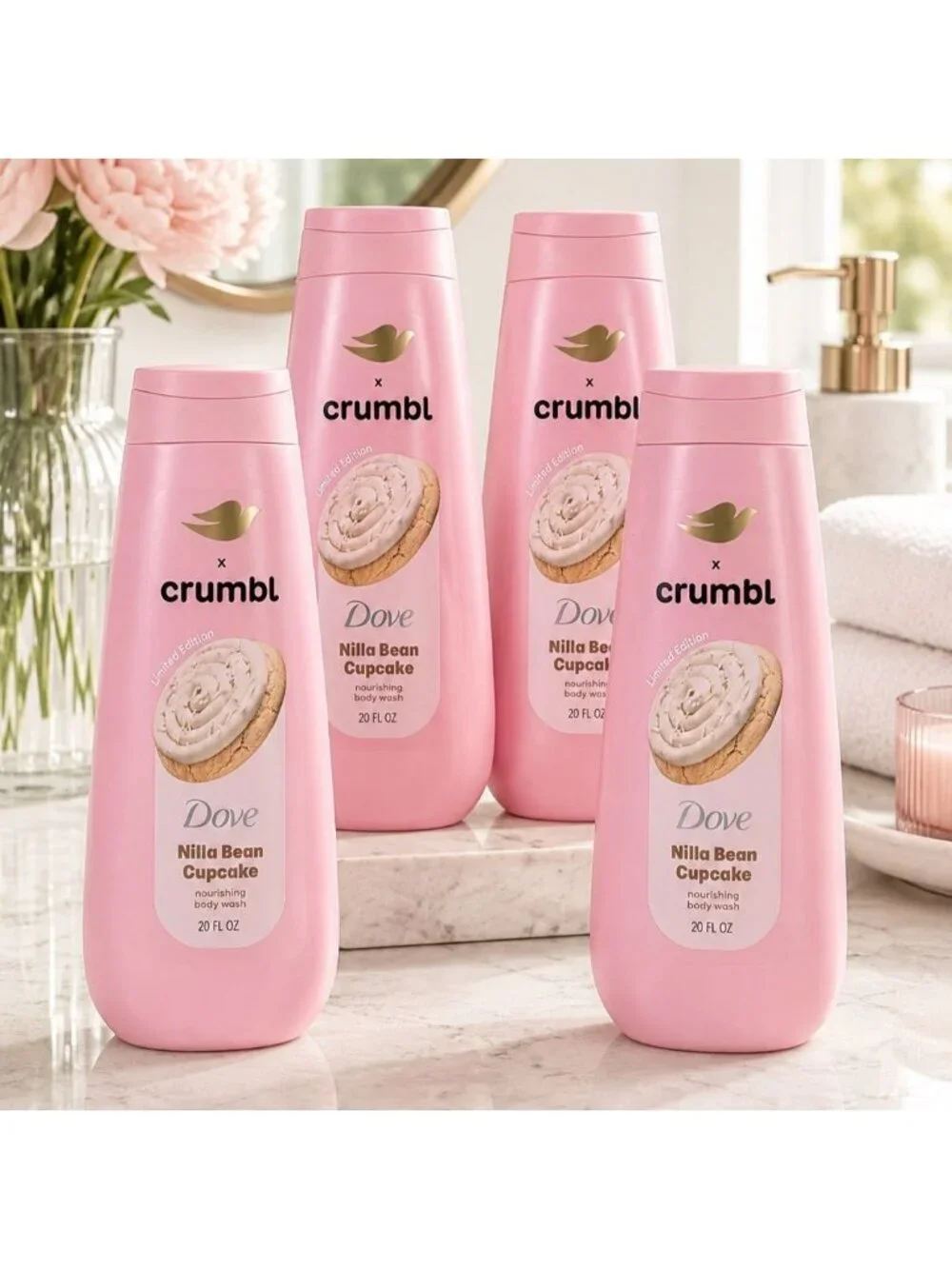 Dove X Crumbl Lot of 4 Nilla Bean Cupcake Body Wash 20 oz - Limited Edition -NEW